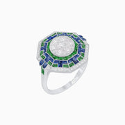 Art Deco Geometric Calibre French Cut Gemstone in Illusion Diamond Ring - Shahin Jewelry
